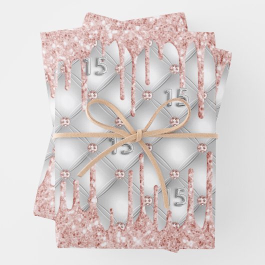 Quinceanera zilveren roos gouden roze druppels inpakpapier vel (In situ)