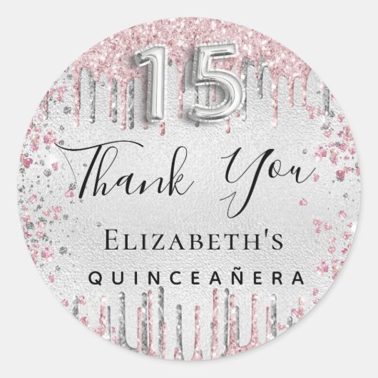 Quinceanera zilveren roze glitter druppelt u op ronde sticker (Voorkant)