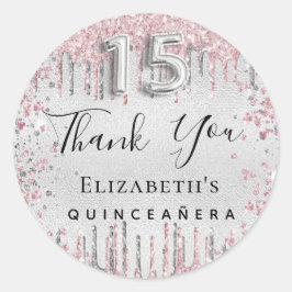 Quinceanera zilveren roze glitter druppelt u op ronde sticker