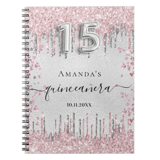Quinceanera zilveren roze glitter-gastenboek notitieboek (Voorkant)