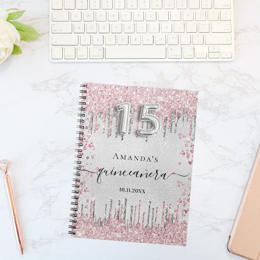Quinceanera zilveren roze glitter-gastenboek notitieboek