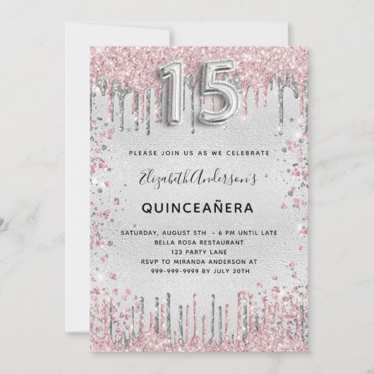 Quinceanera zilveren roze glitter kaart (Voorkant)
