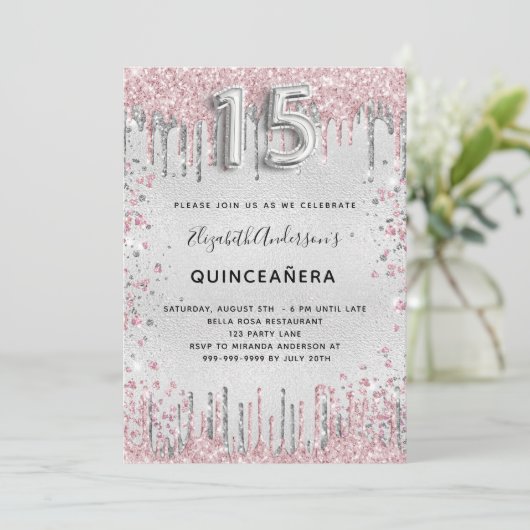 Quinceanera zilveren roze glitter kaart (Staand voorkant)
