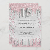 Quinceanera zilveren roze glitter kaart (Voorkant / Achterkant)