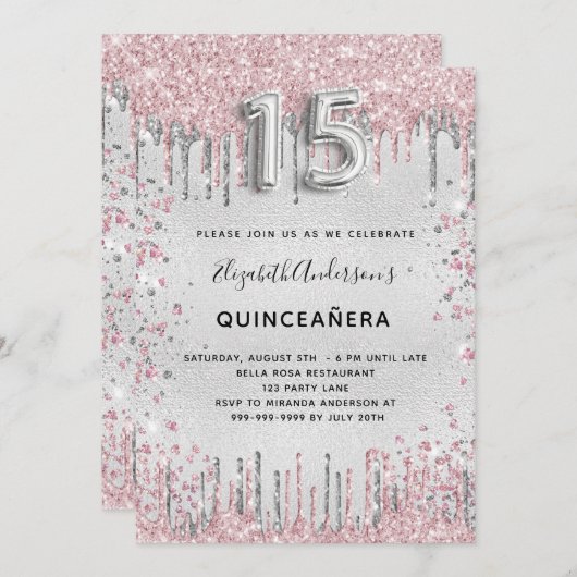 Quinceanera zilveren roze glitter kaart (Voorkant / Achterkant)