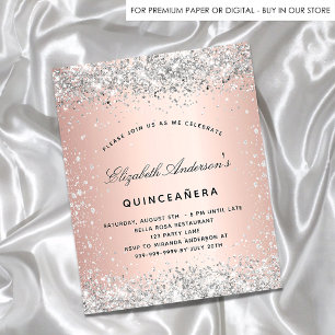 Quinceanera zilveren roze gouden budget uitnodigin flyer