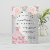 Quinceanera zilveren roze sparkles jurk luxe kaart (Staand voorkant)