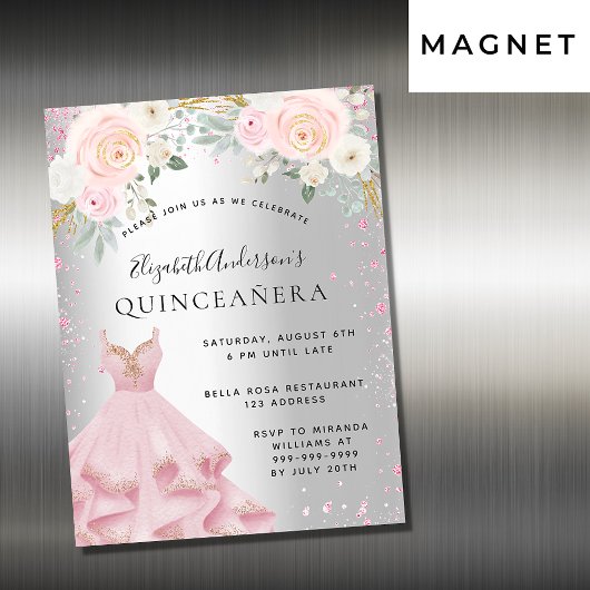 Quinceanera zilveren roze sparkles jurk luxe magnetische uitnodiging