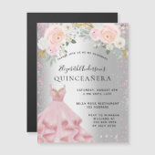 Quinceanera zilveren roze sparkles jurk luxe magnetische uitnodiging (Voorkant / Achterkant)