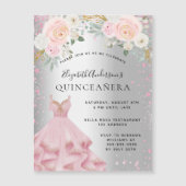 Quinceanera zilveren roze sparkles jurk luxe magnetische uitnodiging (Voorkant)