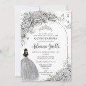 Quinceañera Zilveren Rozen Bloemen Meisje Jurk P Kaart (Voorkant)