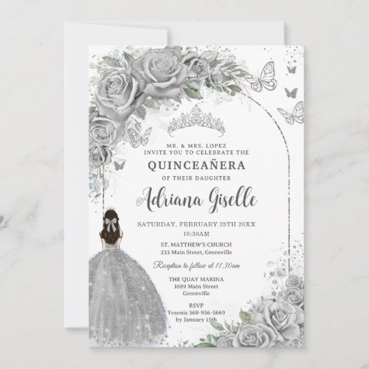 Quinceañera Zilveren Rozen Bloemen Meisje Jurk P Kaart (Voorkant)