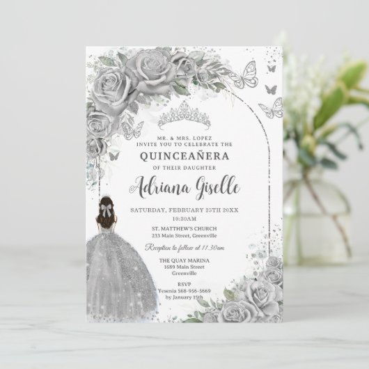 Quinceañera Zilveren Rozen Bloemen Meisje Jurk P Kaart (Staand voorkant)