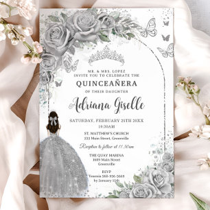 Quinceañera Zilveren Rozen Bloemen Meisje Jurk P Kaart