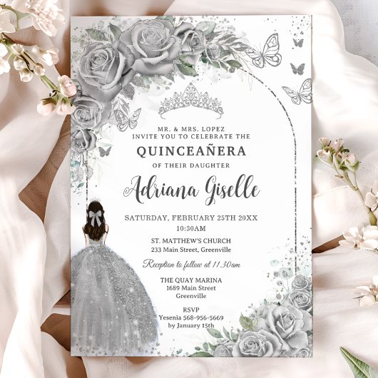 Quinceañera Zilveren Rozen Bloemen Meisje Jurk P Kaart