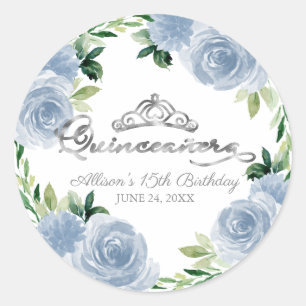 Quinceanera Zilveren Tiara Lichtblauwe Bloemen Ronde Sticker