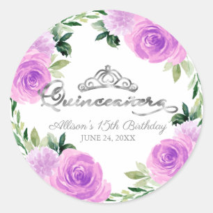 Quinceanera Zilveren Tiara Lichtpaarse Bloemen Ronde Sticker