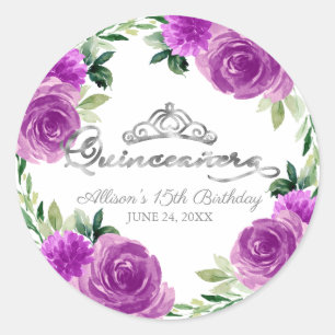 Quinceanera Zilveren Tiara Paarse Bloemen Ronde Sticker