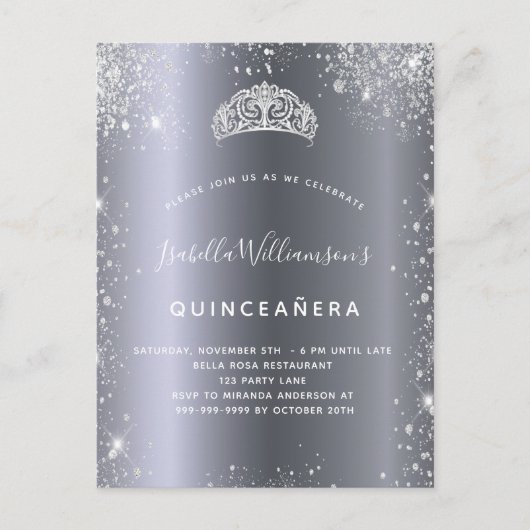Quinceanera zilverglitter uitnodiging briefkaart (Voorkant)