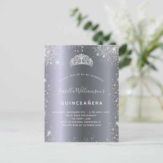 Quinceanera zilverglitter uitnodiging briefkaart (Staand voorkant)