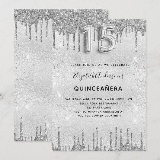 Quinceanera zilverglitterelegant kaart (Voorkant / Achterkant)