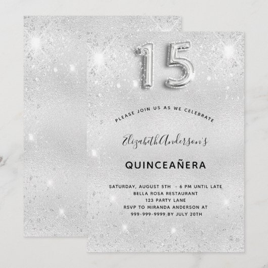 Quinceanera zilverglitterelegant kaart (Voorkant / Achterkant)