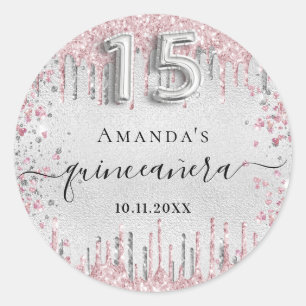 Quinceanera zilverroze glitter druppelt naam op ronde sticker