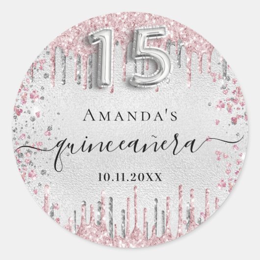 Quinceanera zilverroze glitter druppelt naam op ronde sticker (Voorkant)