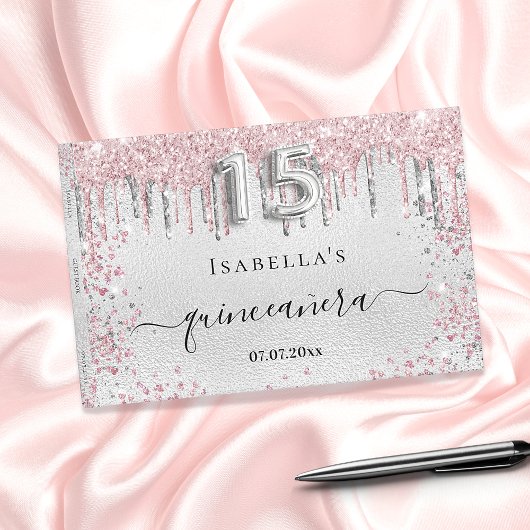 Quinceanera zilverroze glitter metal name script gastenboek