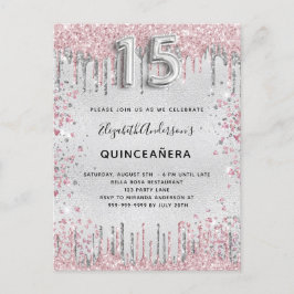 Quinceanera zilverroze metalen glitsstof uitnodiging briefkaart