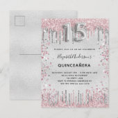 Quinceanera zilverroze metalen glitsstof uitnodiging briefkaart (Voorkant / Achterkant)