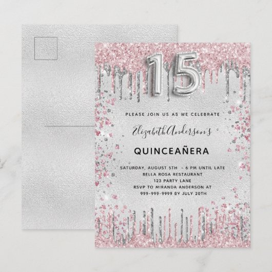Quinceanera zilverroze metalen glitsstof uitnodiging briefkaart (Voorkant / Achterkant)