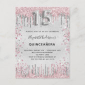 Quinceanera zilverroze metalen glitsstof uitnodiging briefkaart (Voorkant)