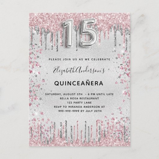 Quinceanera zilverroze metalen glitsstof uitnodiging briefkaart (Voorkant)