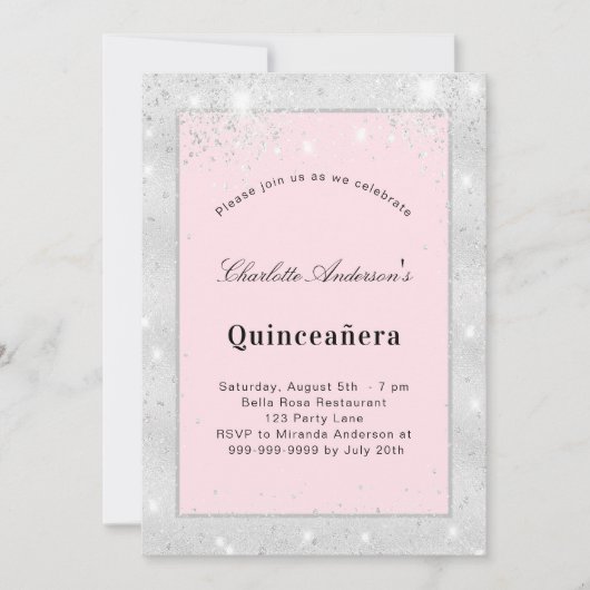 Quinceanera zilverzwart roze glitsstof kaart (Voorkant)