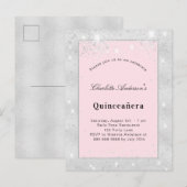 Quinceanera zilverzwart roze glitsstof uitnodiging briefkaart (Voorkant / Achterkant)