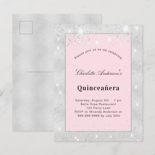 Quinceanera zilverzwart roze glitsstof uitnodiging briefkaart (Voorkant / Achterkant)