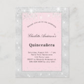 Quinceanera zilverzwart roze glitsstof uitnodiging briefkaart (Voorkant)