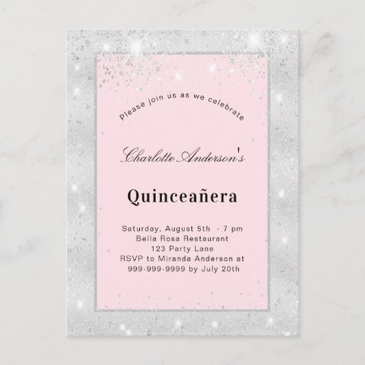 Quinceanera zilverzwart roze glitsstof uitnodiging briefkaart (Voorkant)