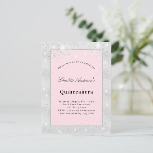 Quinceanera zilverzwart roze glitsstof uitnodiging briefkaart (Staand voorkant)