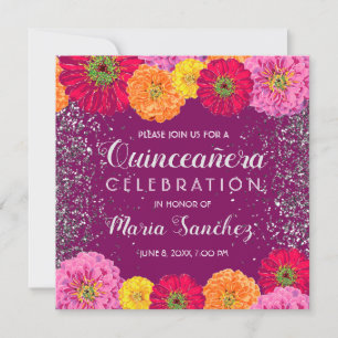 Quinceañera Zinnia Floral Glitter Purple Party Kaart