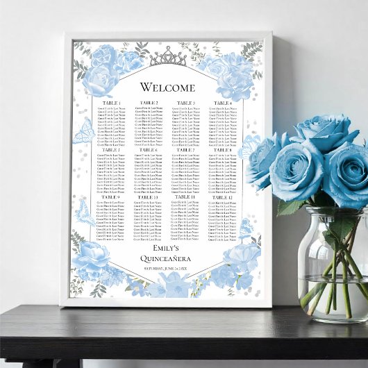 Quinceanera Zitplaatskaart Teken Blauwe Vlinders Poster