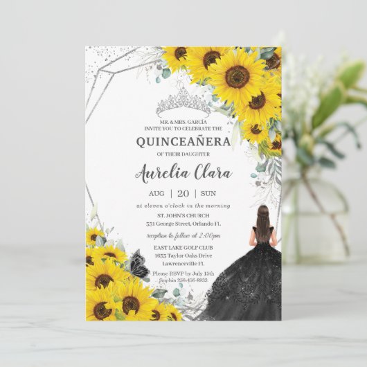 Quinceañera Zonnebloem Bloemen Zilver Zwart Jurk Kaart (Staand voorkant)