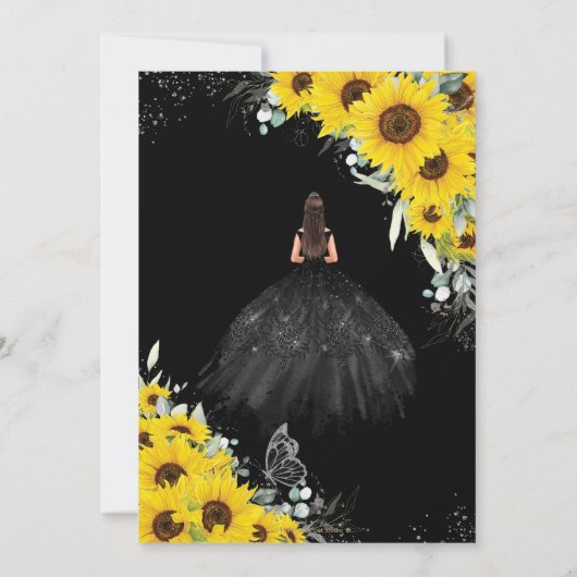 Quinceañera Zonnebloem Bloemen Zilver Zwart Jurk Kaart (Achterkant)