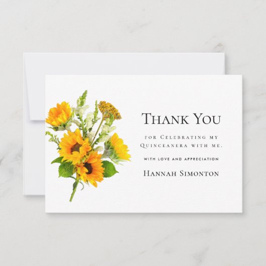 Quinceanera Zonnebloem Boeket Gepersonaliseerd Bedankkaart (Voorkant)