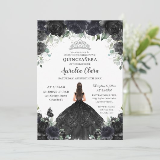Quinceañera Zwart Bloemen Meisje Jurk Zilver Kaart (Staand voorkant)
