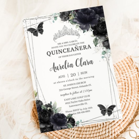Quinceañera Zwart Bloemen Rozen Prinses Zilver Kaart