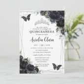 Quinceañera Zwart Bloemen Rozen Prinses Zilver Kaart (Staand voorkant)