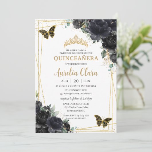 Quinceañera Zwart Bloemen Rozen Vlinders Goud Kaart (Staand voorkant)