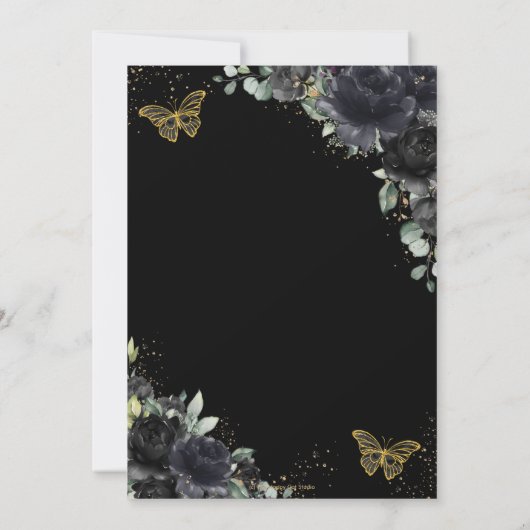 Quinceañera Zwart Bloemen Rozen Vlinders Goud Kaart (Achterkant)
